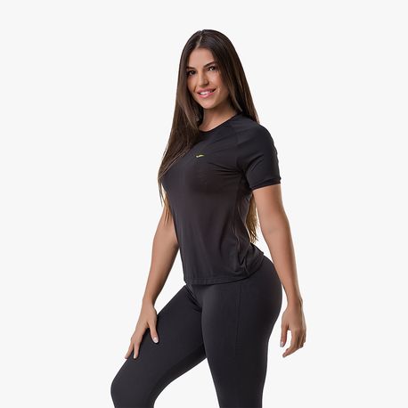 CAMISETA GOLA CARECA FEMININA 135 467 PRETO/VERDE FLUOR M